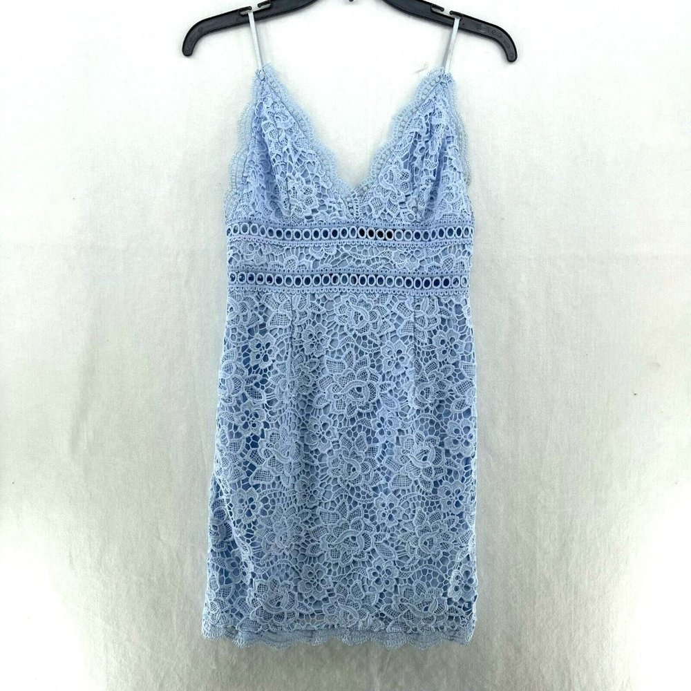 Forever21 Bodycon Mini Dress Sz S Light Blue All-Over Floral Embroidered Lined